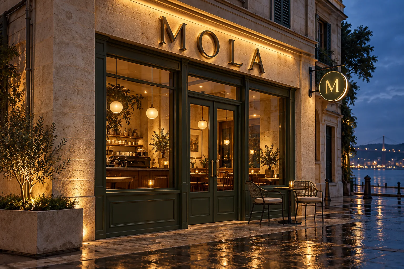 MOLA kurgu kafe için üç boyutlu harf ve ışıklı cephe tabelası konsepti